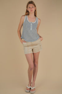 Washed Knit & Denim Contrast Detail Tank Top -Black or Denim