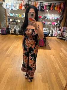 Smocked Bodice Strapless Hanky Hem Jumpsuit - Black