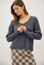Wide V-neck Long Raglan Sweater - Blue/Grey