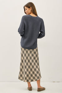 Wide V-neck Long Raglan Sweater - Blue/Grey