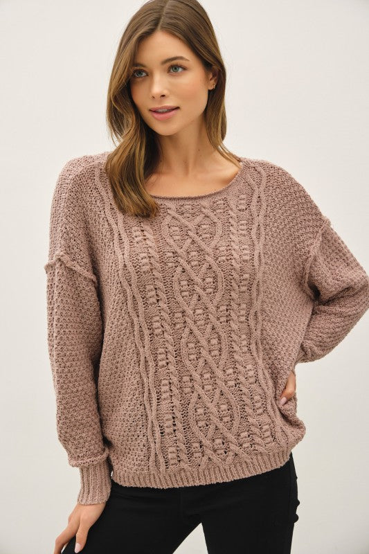 Chunky Cable Textured Knit Sweater - Ivory, Mocha, Gray