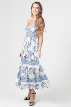 V Neck Twist Front Cut Out Lace Trim Maxi Dress- White Blue