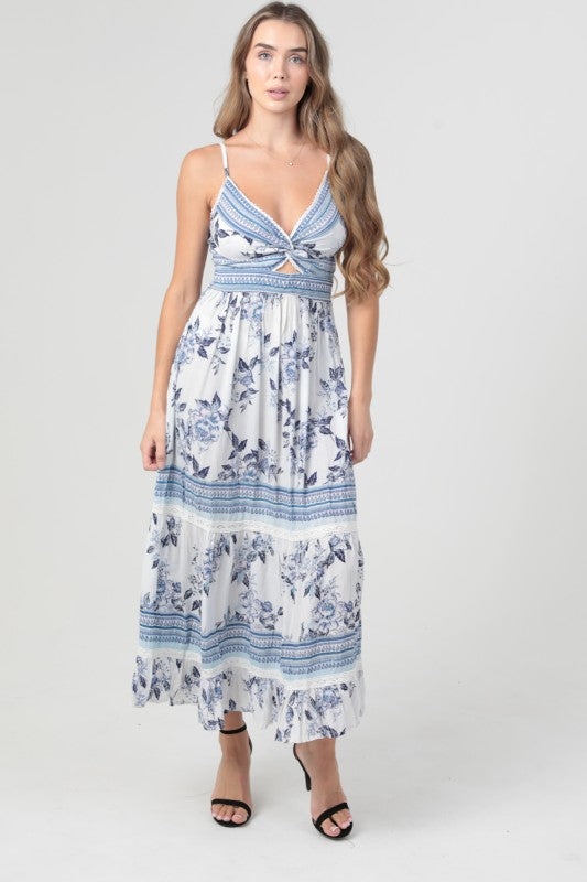 V Neck Twist Front Cut Out Lace Trim Maxi Dress- White Blue