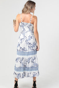 V Neck Twist Front Cut Out Lace Trim Maxi Dress- White Blue