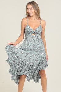 Twist Front Triangle Cutout Assymetrical Hem Dress - Blue Haze