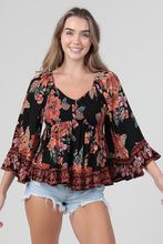 V Neck Smocked Bust Wide Bell Sleeve Top - Black Multi