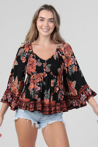 V Neck Smocked Bust Wide Bell Sleeve Top - Black Multi