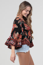 V Neck Smocked Bust Wide Bell Sleeve Top - Black Multi