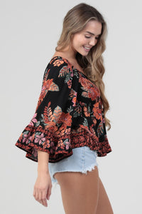 V Neck Smocked Bust Wide Bell Sleeve Top - Black Multi