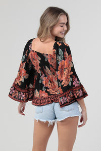 V Neck Smocked Bust Wide Bell Sleeve Top - Black Multi
