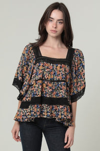 Lace Trim Square Neck Blouse - Black