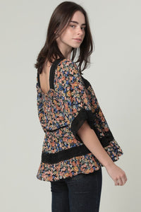 Lace Trim Square Neck Blouse - Black