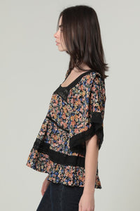 Lace Trim Square Neck Blouse - Black