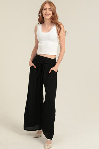 Lurex Threads Wide Leg Pants With Self Belt - Black