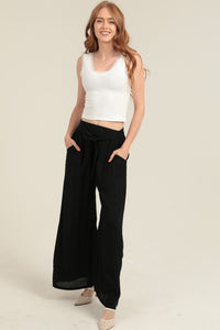 Lurex Threads Wide Leg Pants With Self Belt - Black