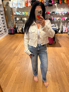 Monochromatic Tweed Fringe Edged Collar Jacket -= Cream/White