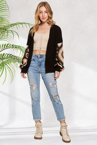 Multi Color Sleeve Crochet Cardigan - Black or Off White