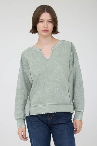 Washed Exposed Seam Long Sleeve Knit Top - Moss