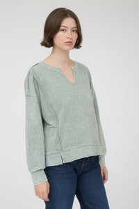 Washed Exposed Seam Long Sleeve Knit Top - Moss