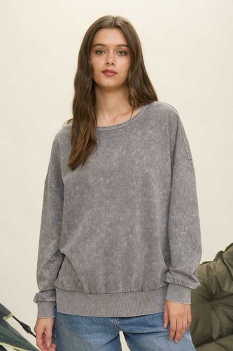 Washed Side Split Long Sleeve Knit Top - Charcoal