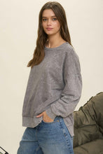 Washed Side Split Long Sleeve Knit Top - Charcoal