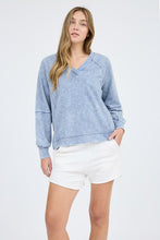Washed V Neck Exposed Seam Long Sleeve Knit Top - Indigo Blue