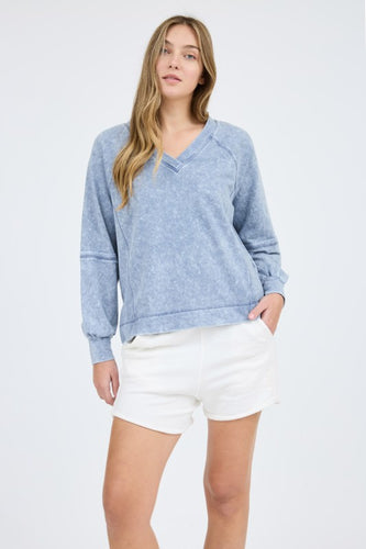 Washed V Neck Exposed Seam Long Sleeve Knit Top - Indigo Blue