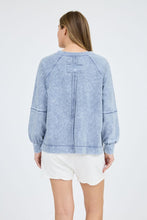 Washed V Neck Exposed Seam Long Sleeve Knit Top - Indigo Blue