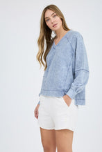 Washed V Neck Exposed Seam Long Sleeve Knit Top - Indigo Blue