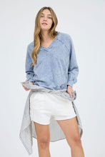 Washed V Neck Exposed Seam Long Sleeve Knit Top - Indigo Blue