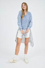 Washed V Neck Exposed Seam Long Sleeve Knit Top - Indigo Blue