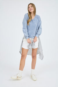 Washed V Neck Exposed Seam Long Sleeve Knit Top - Indigo Blue