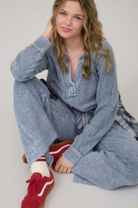 Washed High Waist Drawstring Lounge Pants - Charcoal Or Indigo Blue
