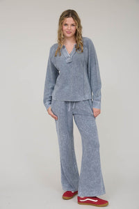Washed Ribbed Split Neck Long Sleeve Knit Top - Charcoal Or Indigo Blue