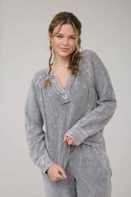 Washed Ribbed Split Neck Long Sleeve Knit Top - Charcoal Or Indigo Blue