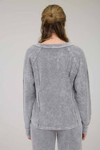 Washed Ribbed Split Neck Long Sleeve Knit Top - Charcoal Or Indigo Blue