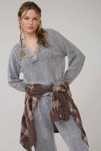 Washed Ribbed Split Neck Long Sleeve Knit Top - Charcoal Or Indigo Blue