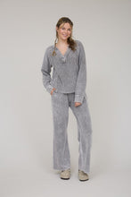 Washed Ribbed Split Neck Long Sleeve Knit Top - Charcoal Or Indigo Blue