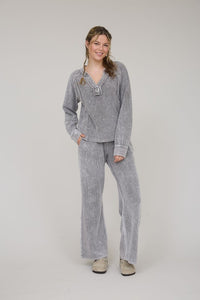 Washed Ribbed Split Neck Long Sleeve Knit Top - Charcoal Or Indigo Blue