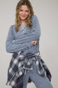 Washed Ribbed Split Neck Long Sleeve Knit Top - Charcoal Or Indigo Blue