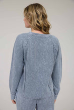Washed Ribbed Split Neck Long Sleeve Knit Top - Charcoal Or Indigo Blue