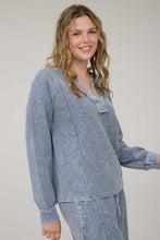 Washed Ribbed Split Neck Long Sleeve Knit Top - Charcoal Or Indigo Blue