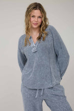 Washed Ribbed Split Neck Long Sleeve Knit Top - Charcoal Or Indigo Blue