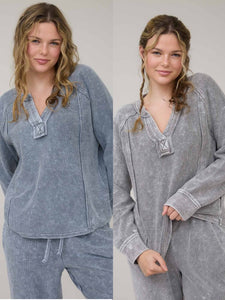 Washed Ribbed Split Neck Long Sleeve Knit Top - Charcoal Or Indigo Blue