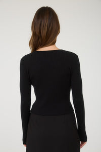 Cutout Bow Detail Ribbed Knit Cardigan - Black, Navy Or Deep Red