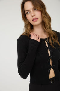 Cutout Bow Detail Ribbed Knit Cardigan - Black, Navy Or Deep Red