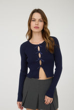 Cutout Bow Detail Ribbed Knit Cardigan - Black, Navy Or Deep Red