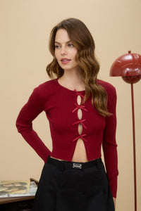 Cutout Bow Detail Ribbed Knit Cardigan - Black, Navy Or Deep Red