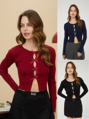 Cutout Bow Detail Ribbed Knit Cardigan - Black, Navy Or Deep Red