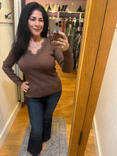 Metallic Ribbed Knit Scallop-neck Top - Brown